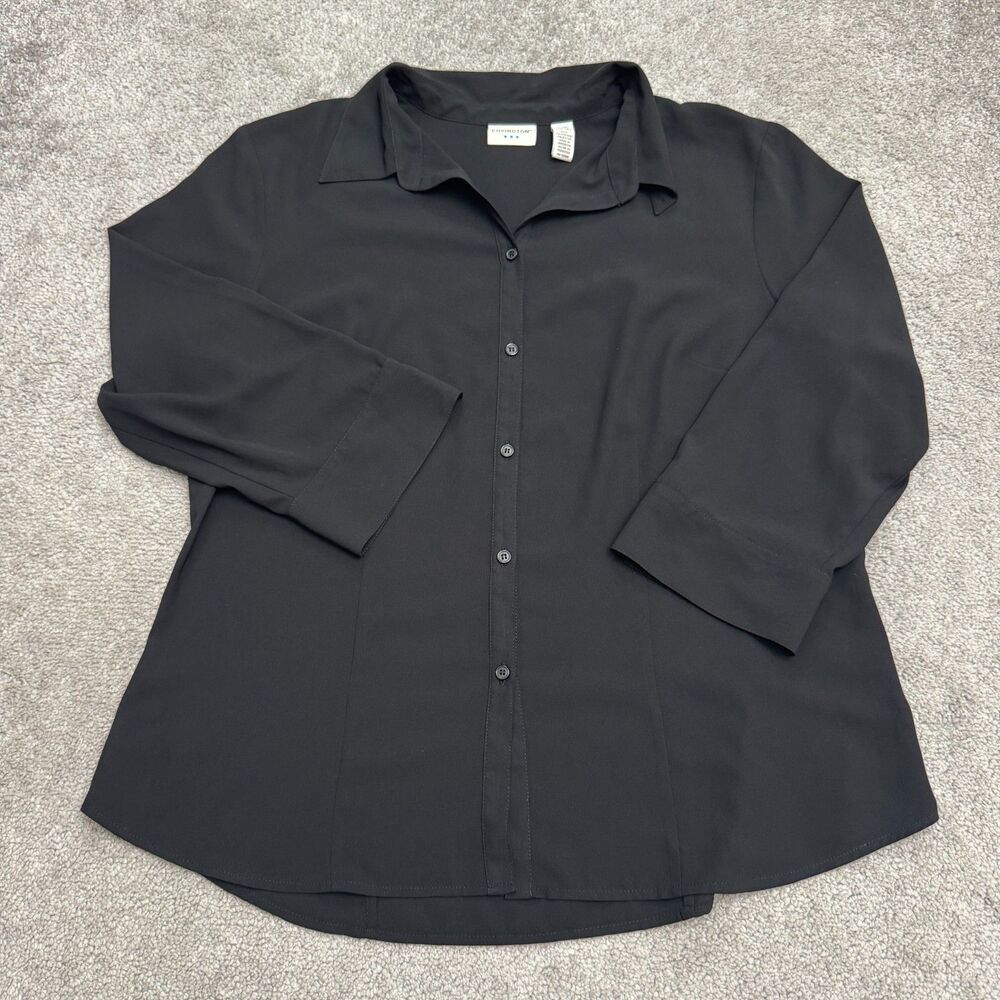Covington 3/4 Sleeve Button Front Blouse Top Women L 14-16 Black Collared V-Neck